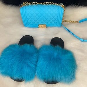 Blue purse & big fur slides size 9